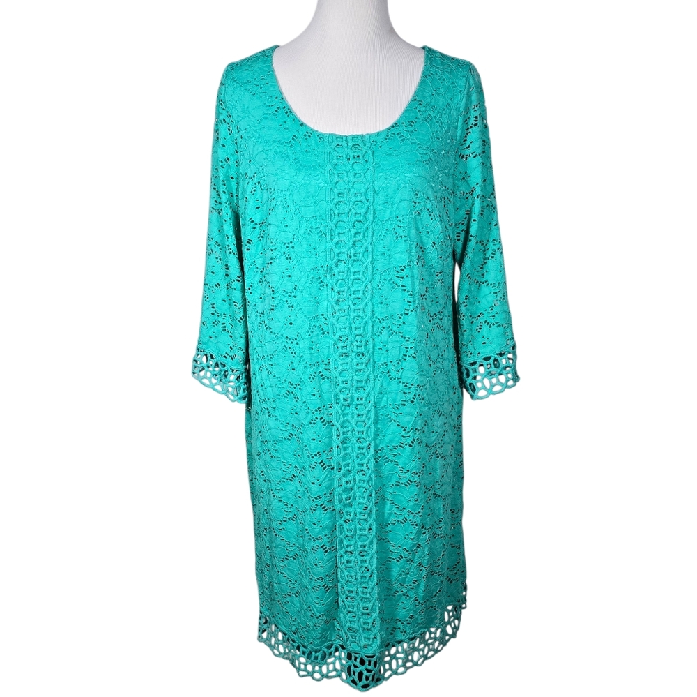 Alfani Woman 1X Light Teal Lace 3/4 Sleeve Knee Length Shift Dress